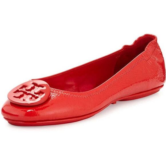 Tory Burch 7M Womens Orange Red Patent Leather Minnie Reva Ballet Flats - Picture 1 of 12